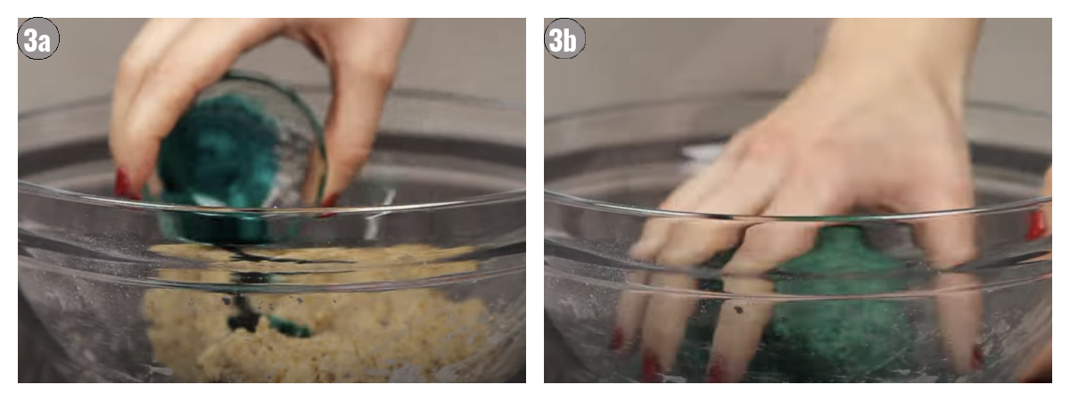 Two photographs, side by side of a bowl with ingredients being prepped.