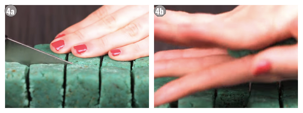 Two photographs, side by side of dough being cut. 
