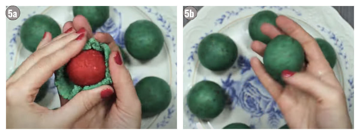Two photographs side by side of balls being put together.