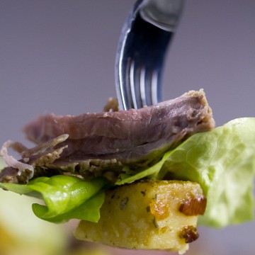 Classic veal (under) shoulder roast with onion potatoes. What you get is succulent, falling-off-the-bone meat, as perfect pairing with potatoes that were first boiled then simmered over onion for a seamless soft+crunch combo.  