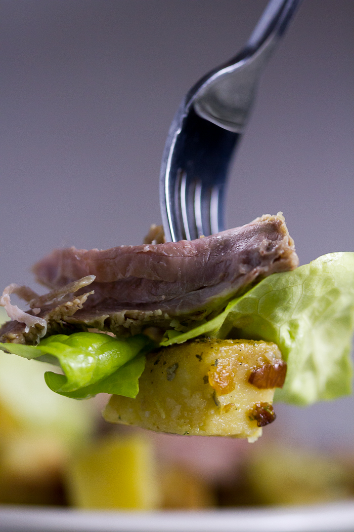 Classic veal (under) shoulder roast with onion potatoes. What you get is succulent, falling-off-the-bone meat, as perfect pairing with potatoes that were first boiled then simmered over onion for a seamless soft+crunch combo.  