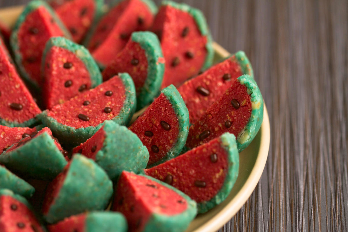 Watermelon cookies on a plate.