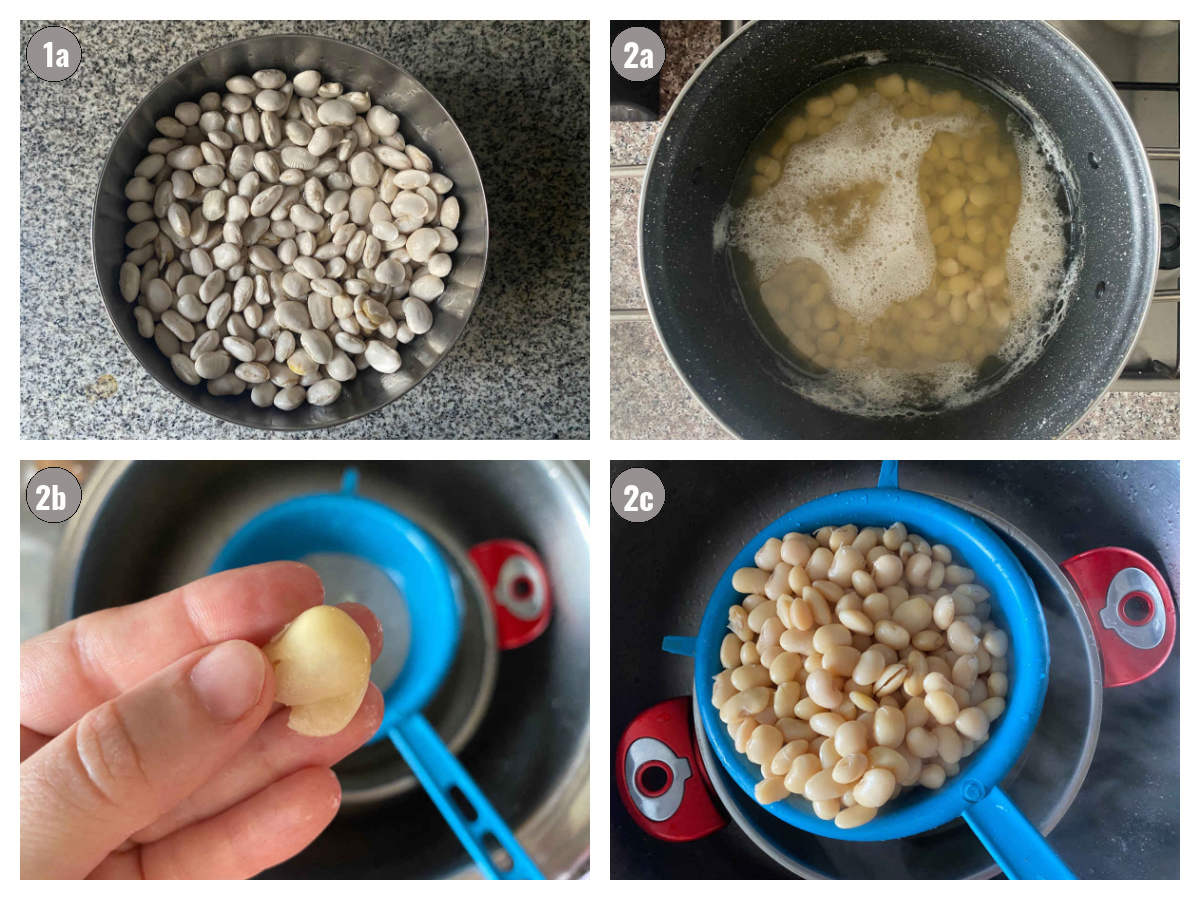 Four photos, two by two, upper two of beans soaked, and the lower two of beans strained and a hand testing "doneness" of the bean.