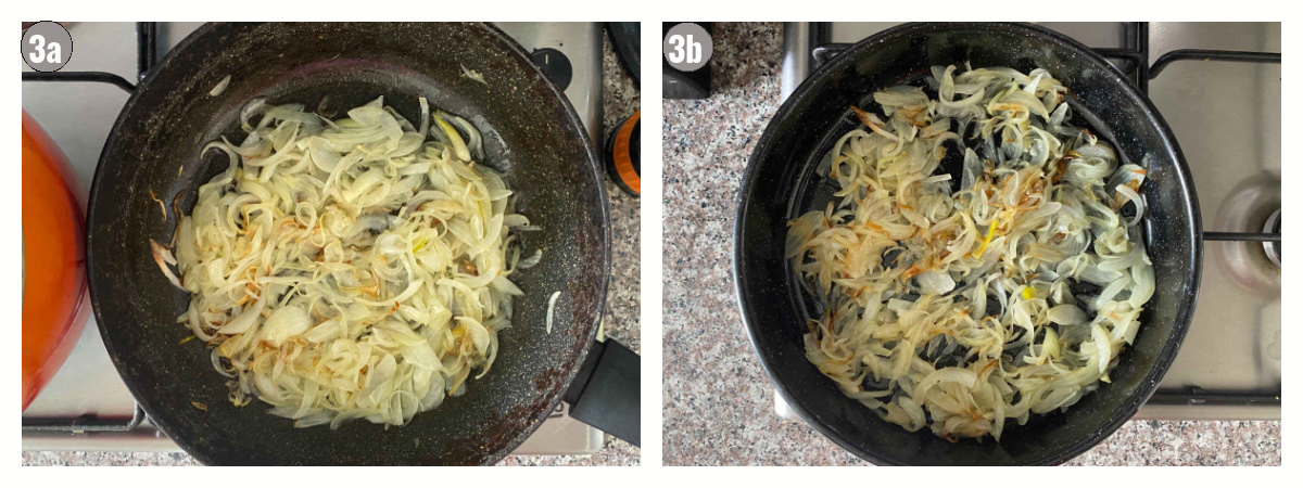 Two photos, side by side, of onions in a black pan, being fried. 