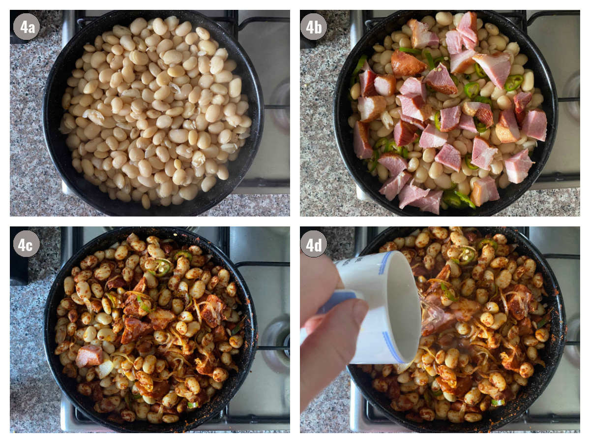 Four photographs, two by two, of beans in a black pan and different ingredients added. 