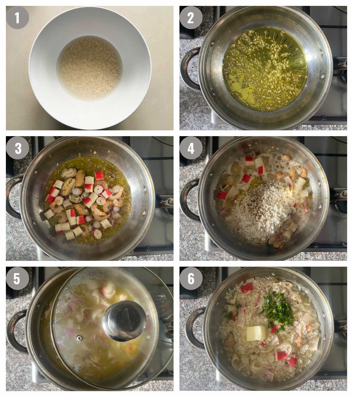 Two photographs by three in one photograph depicting preparation steps for risotto.