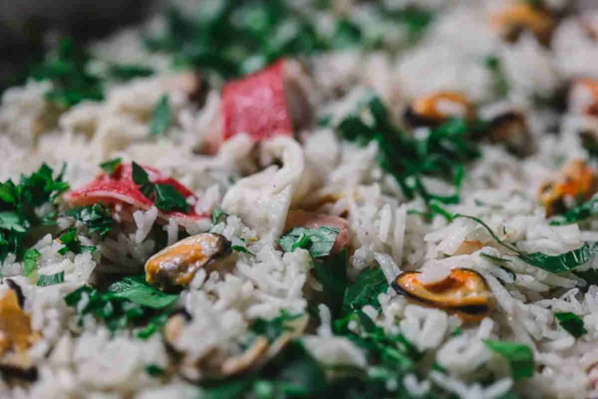 Closeup of seafood risotto. 