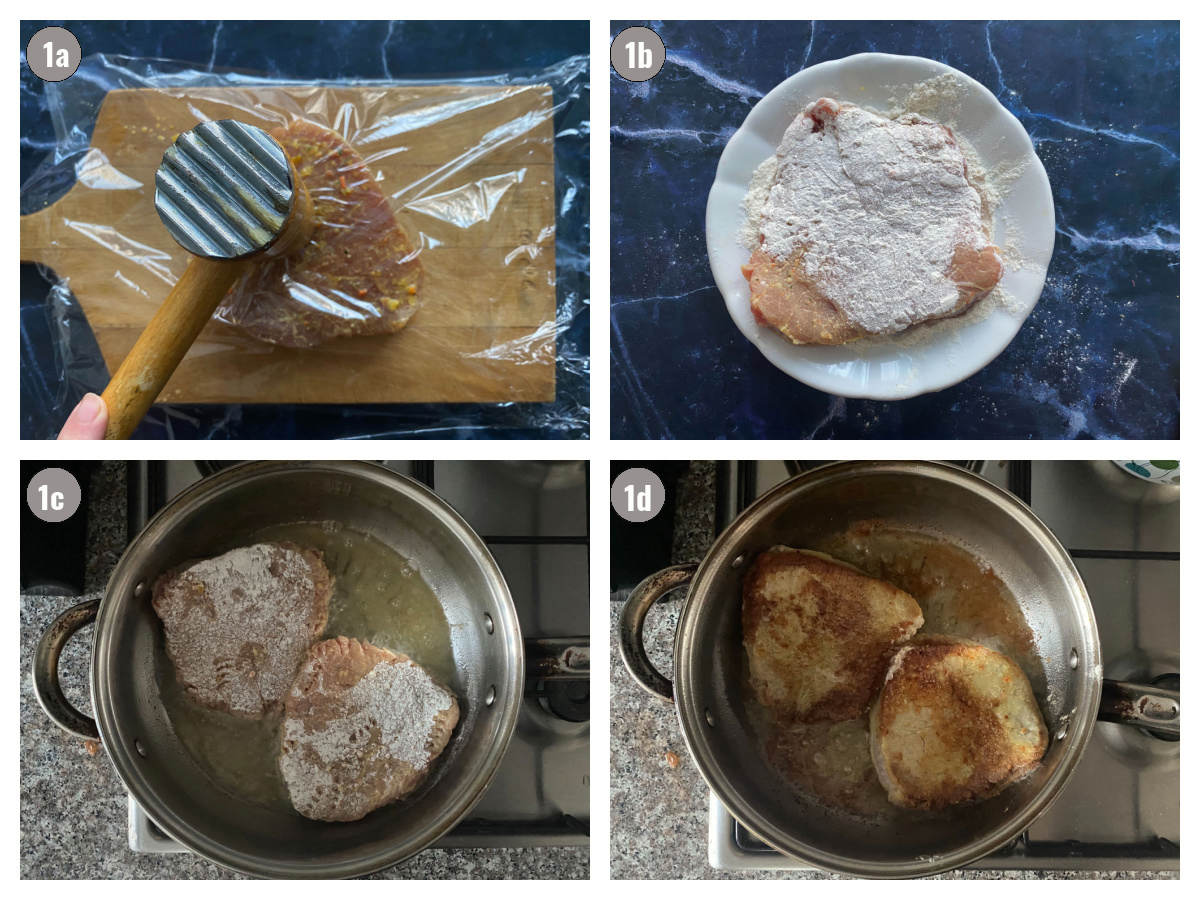 Four photographs, two by two, of schnitzels (photo one it's pounded, photo two dredged in flour, photo three it's seared in pan, photo four seared on the other side). 
