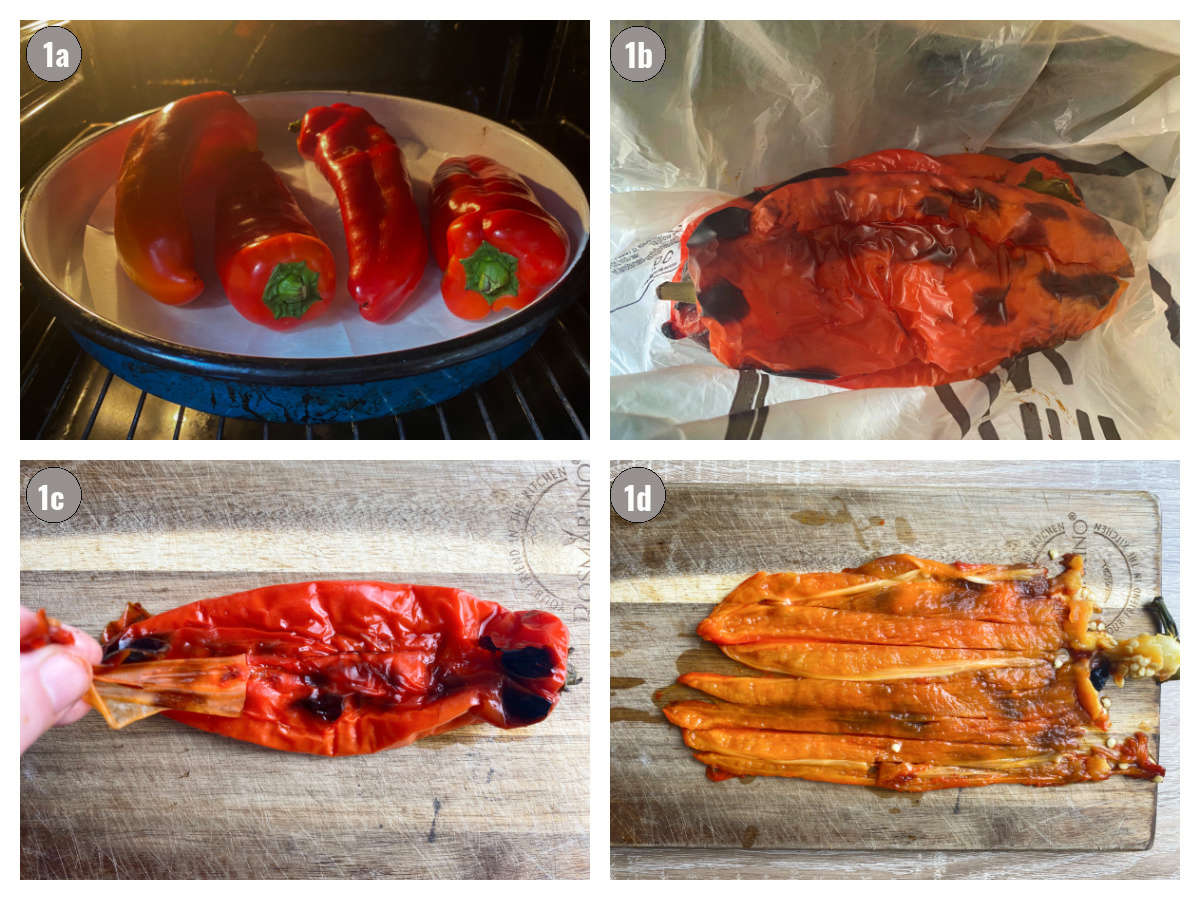 Four photos, two by two, of peppers being roasted. 