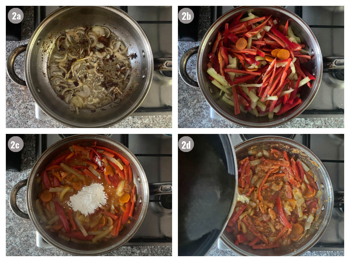 Four photographs, two by two, of a pan with different ingredients (photo one onion and garlic, photo two peppers added, photo three flour added, photo four broth added). 