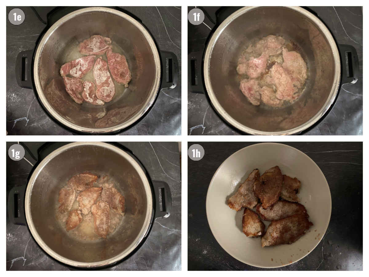 Four photographs, two by two, three of cutlets fried in an Instant Pot and the last one of it being removed to the plate. 