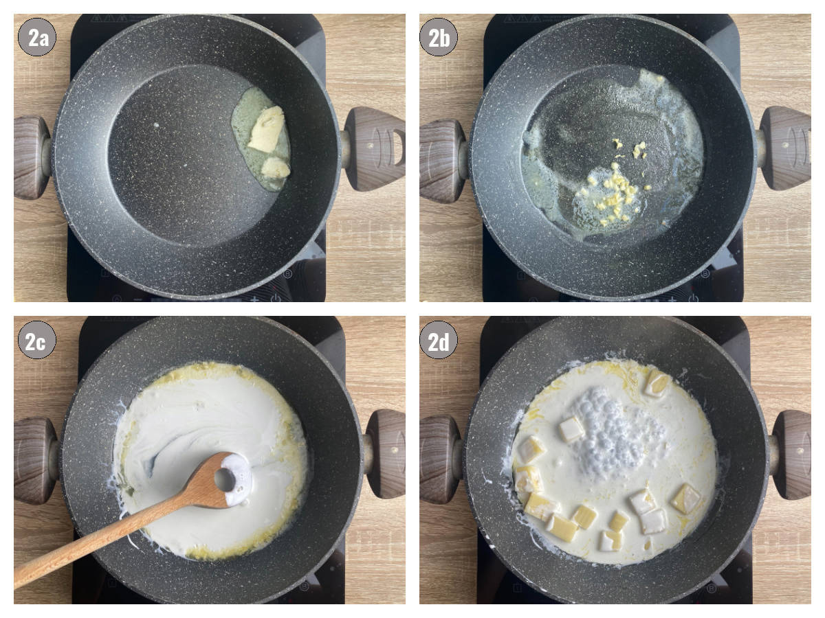 Four photographs, two by two, of different ingredients in a black pan.