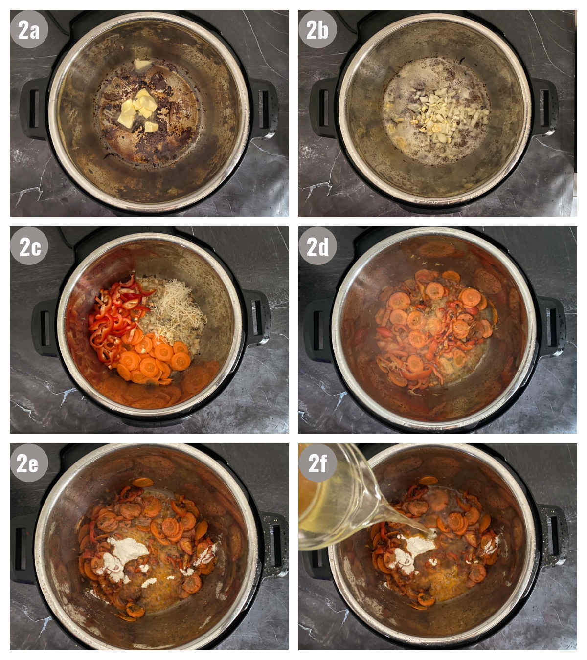 Six photographs, two by three, of vegetables cooked in an Instant Pot. 