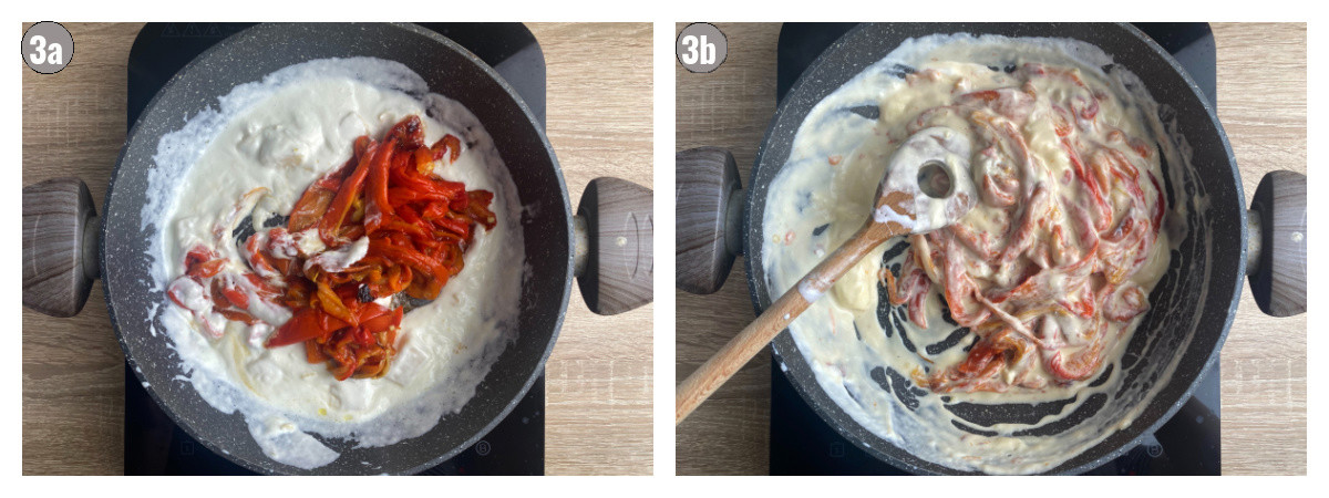 Two photos of preparation of pepper sauce. 