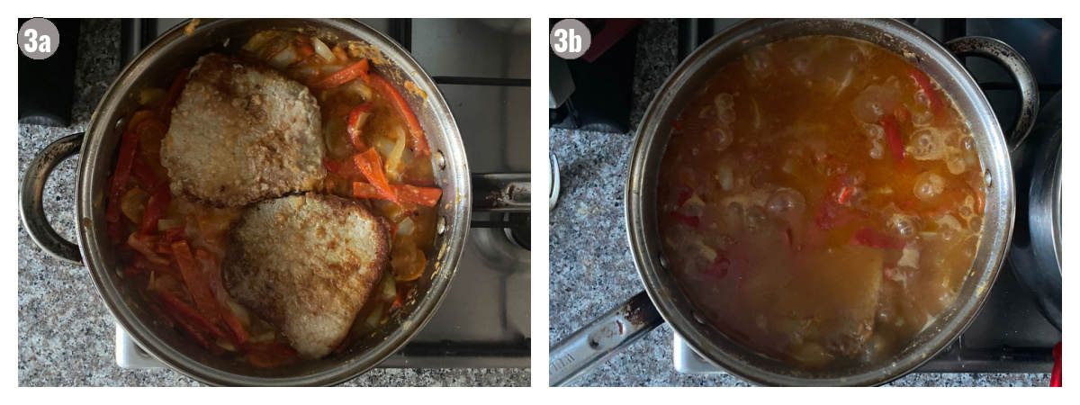 Two photos, side by side, one of pan holding schnitzels with other vegetables, and the last one with more broth added.