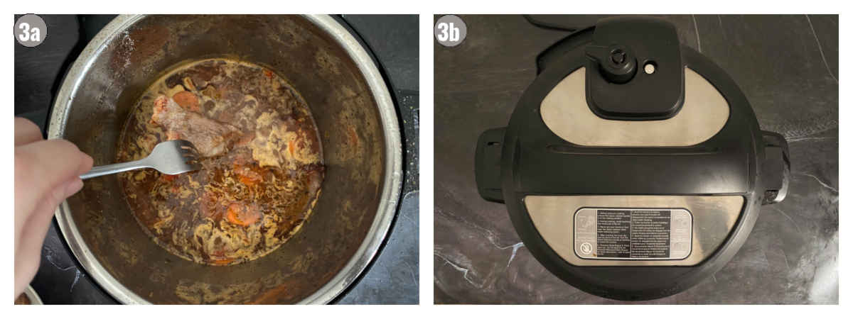 Two photographs, side by side, first of cutlets placed in Instant Pot, and the second one of Instant Pot lid secured. 