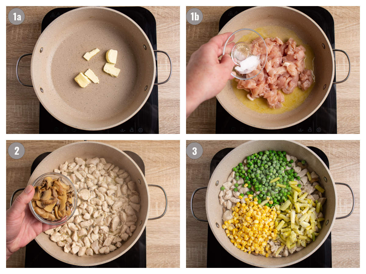 Four photos of pan with ingredients added in.