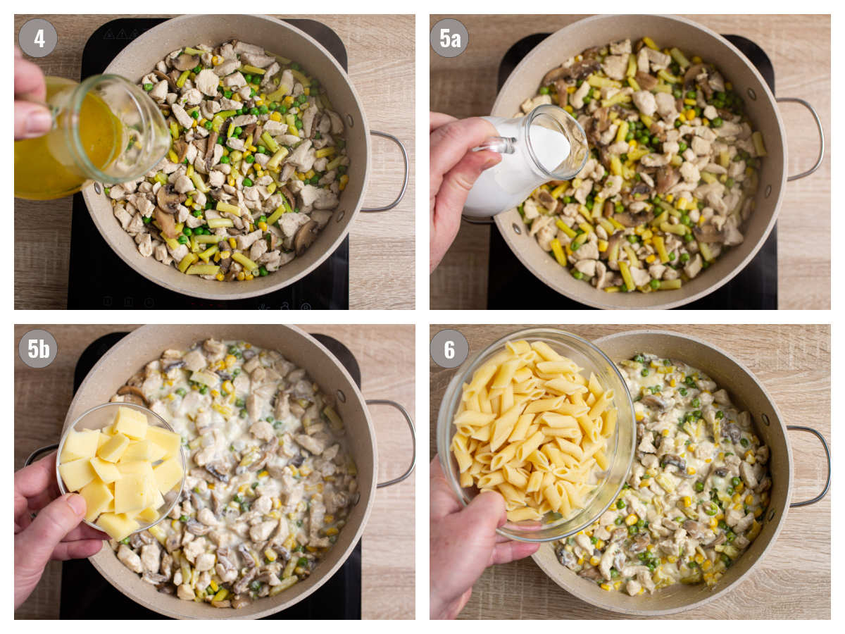 Four photos side by side of pan with veggies and chicken. 