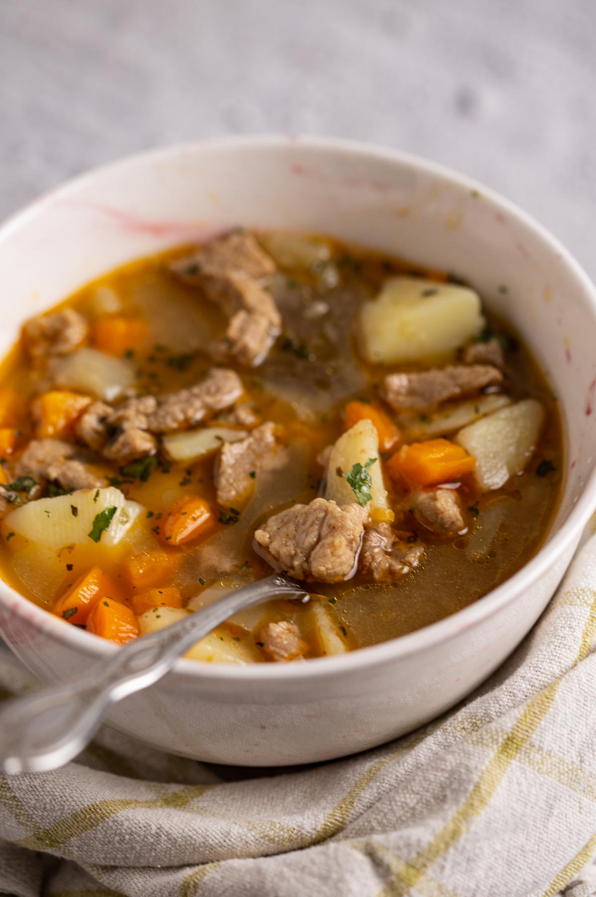 Bowl of stew with spoon and a kitchen towel.