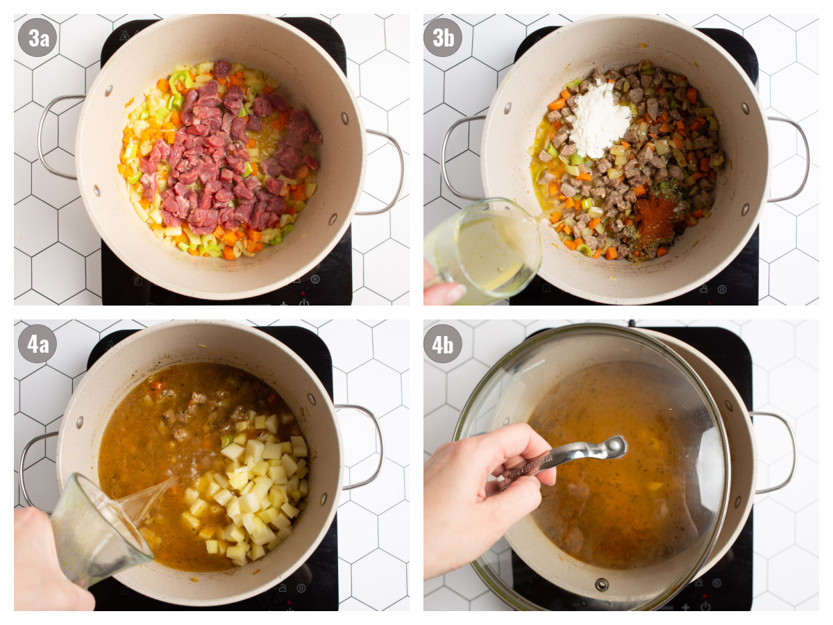 Four photos of pot with different ingredients. 