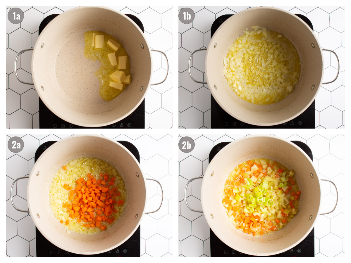 Four similar photos of a pot filled with ingredients. 