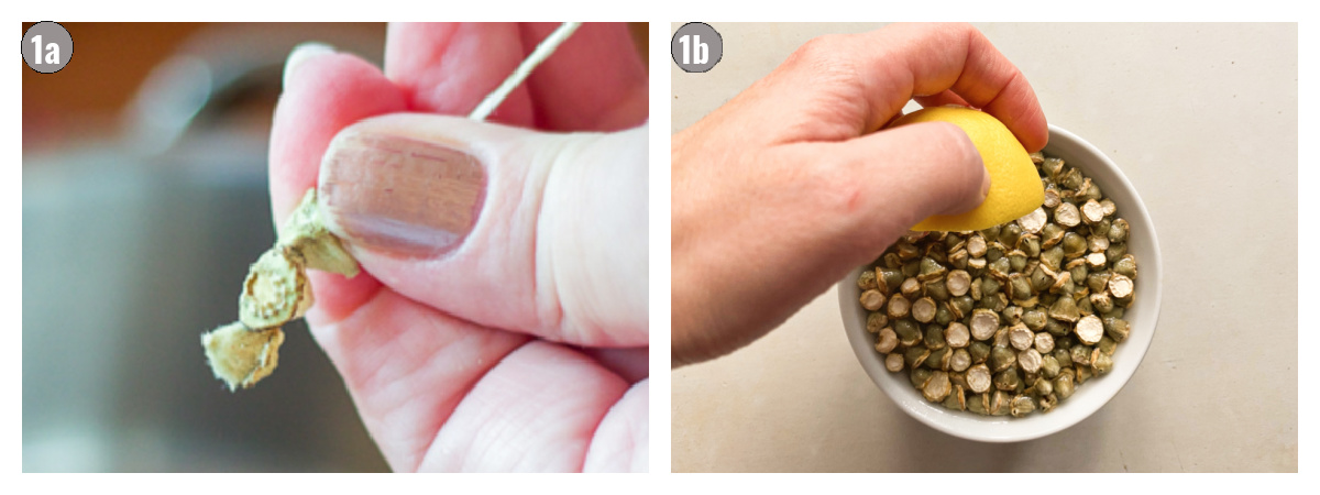 Two photographs side by side of okra on a string (left), and okra submerged in water and lemon juice (right) on light background. 