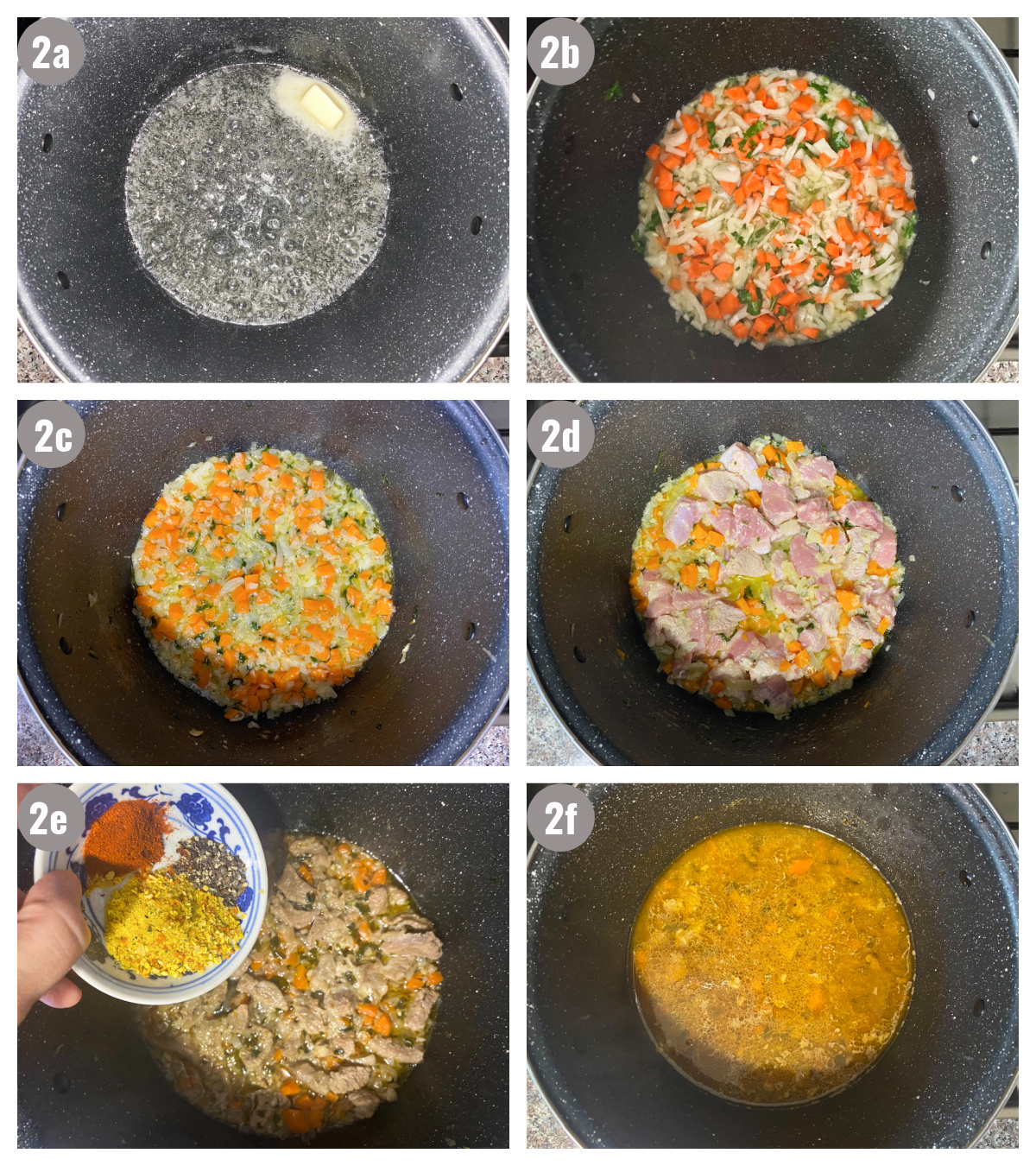 Six photographs (2x3) of black pot filled with different ingredients (oil, butter, carrots, parsley, onion), and seasonings. 