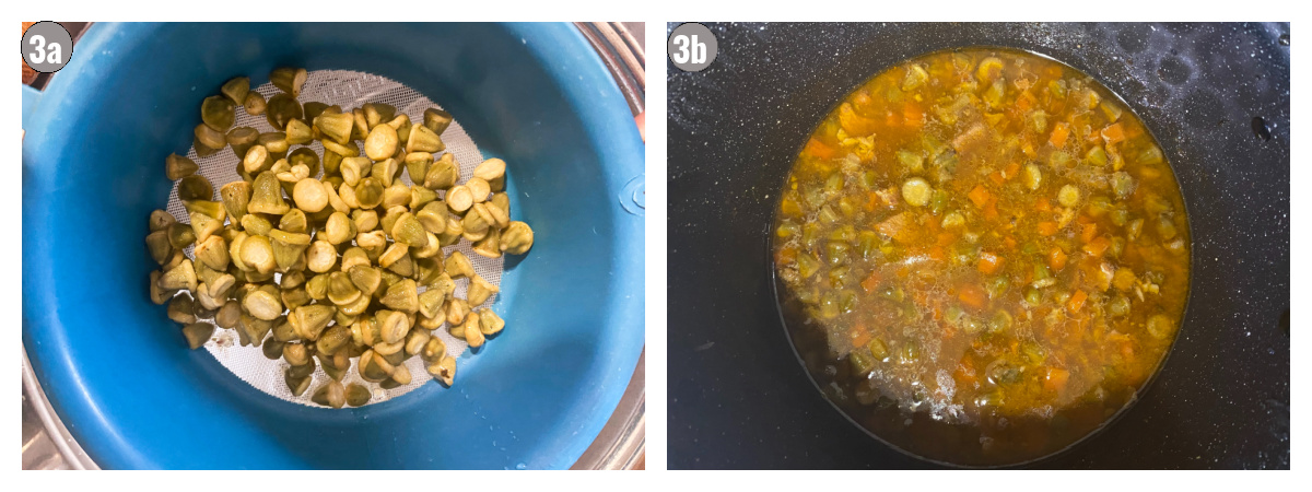 Two photos side by side of okra strained (left) and added to the sauce (right). 