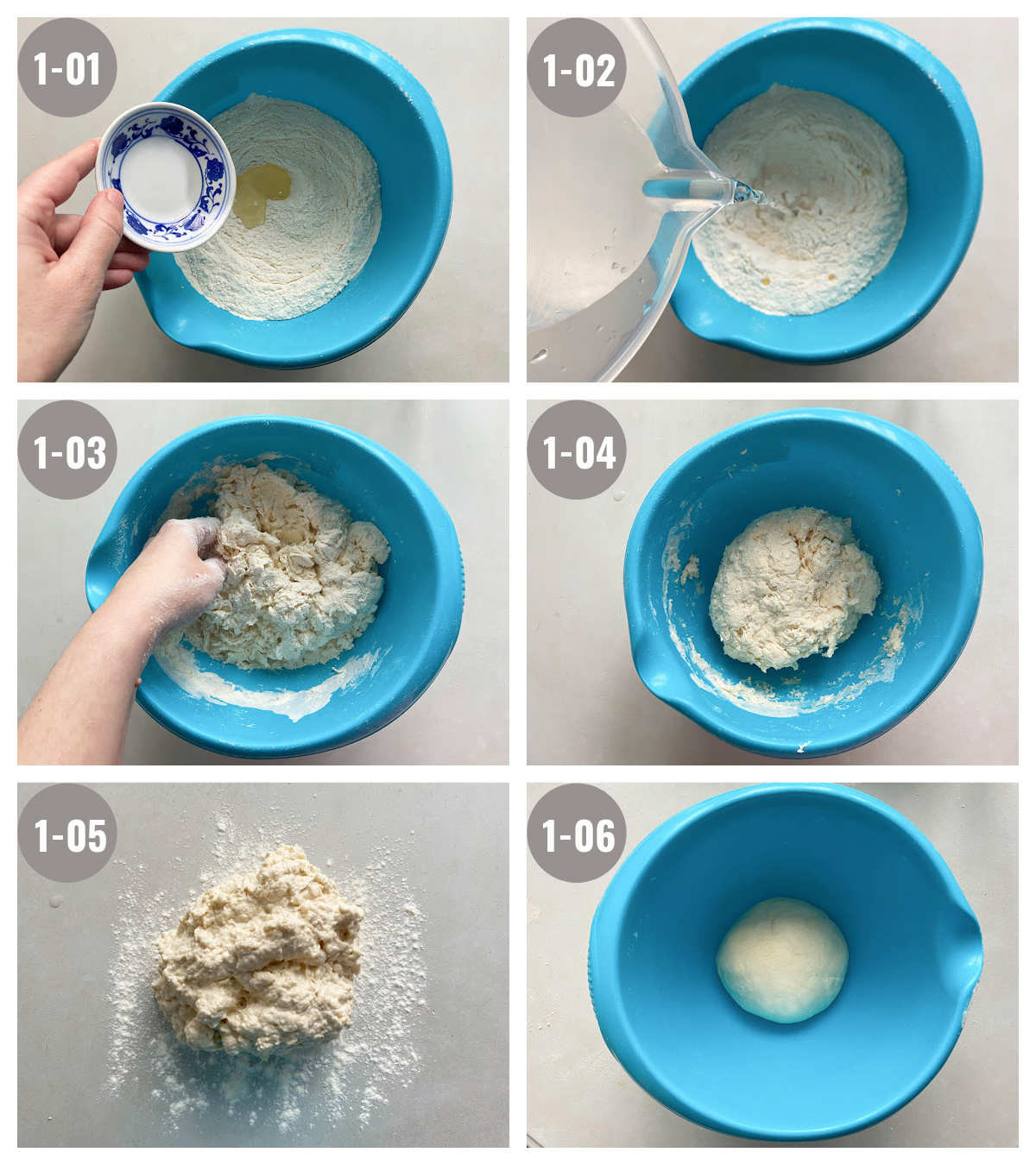 Six photos (2x3), of dough and ingredients poured into a blue bowl. 
