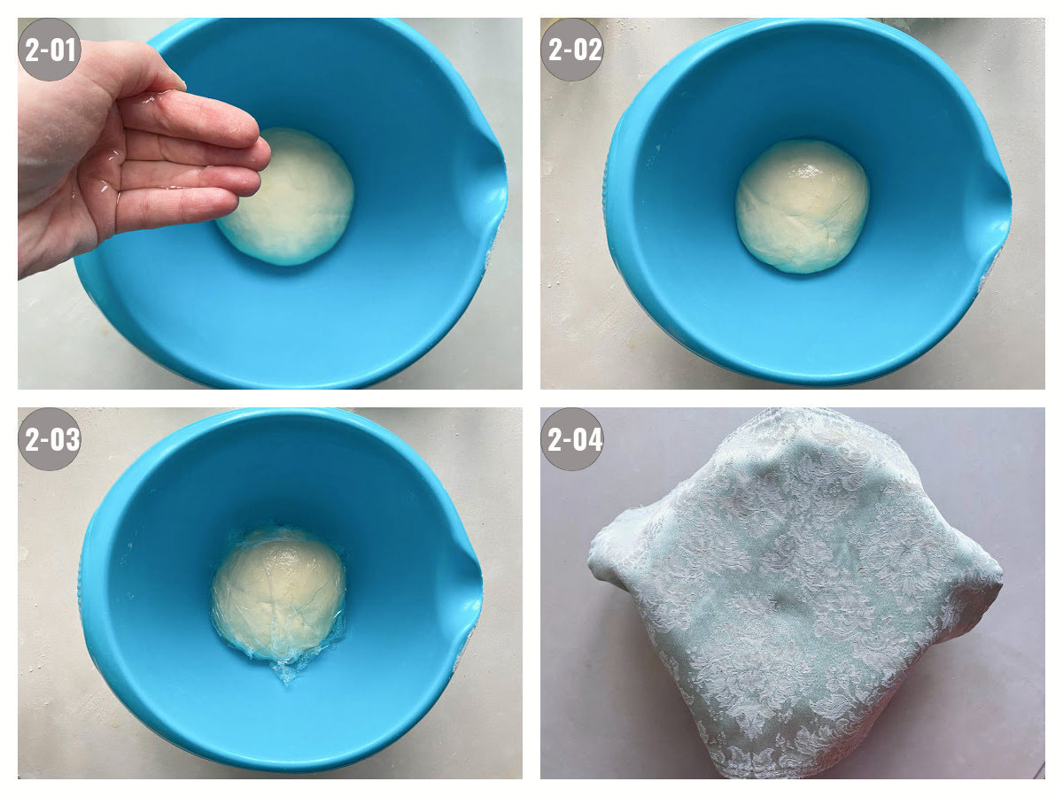 Four photos (two by two) of phyllo dough made in a blue bowl. 