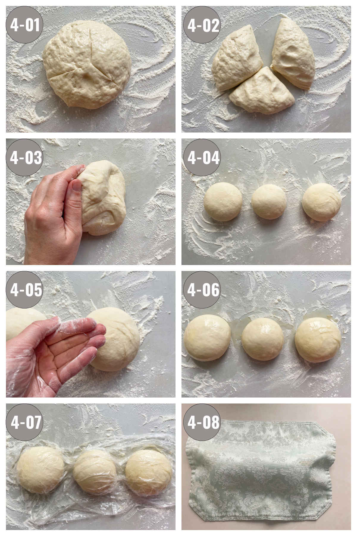 Eight photos (two by four) of the dough ball being divided into three pieces and dabbed with oil. 