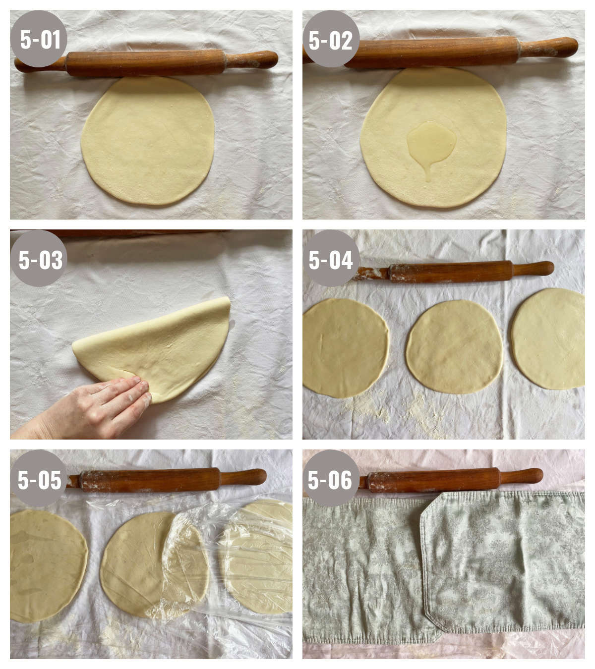 Six photos (two by three),  of dough being made next to a rolling pin on a white cotton sheet background. 