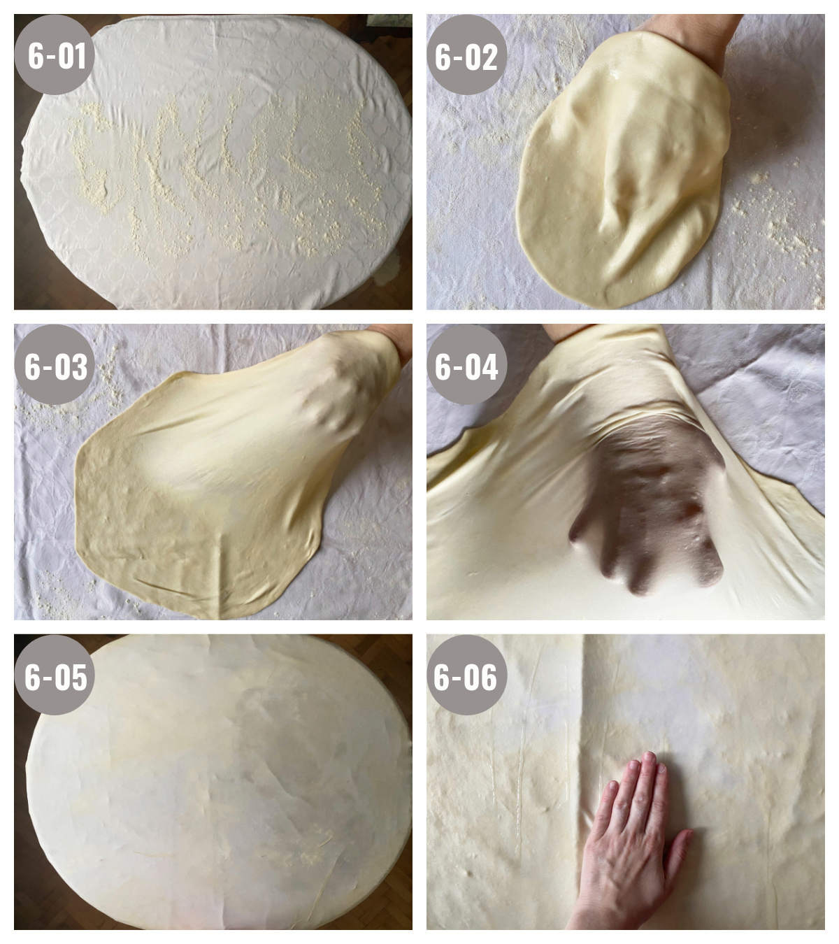 Six photos, (two by three) of the dough being stretched on a table. 
