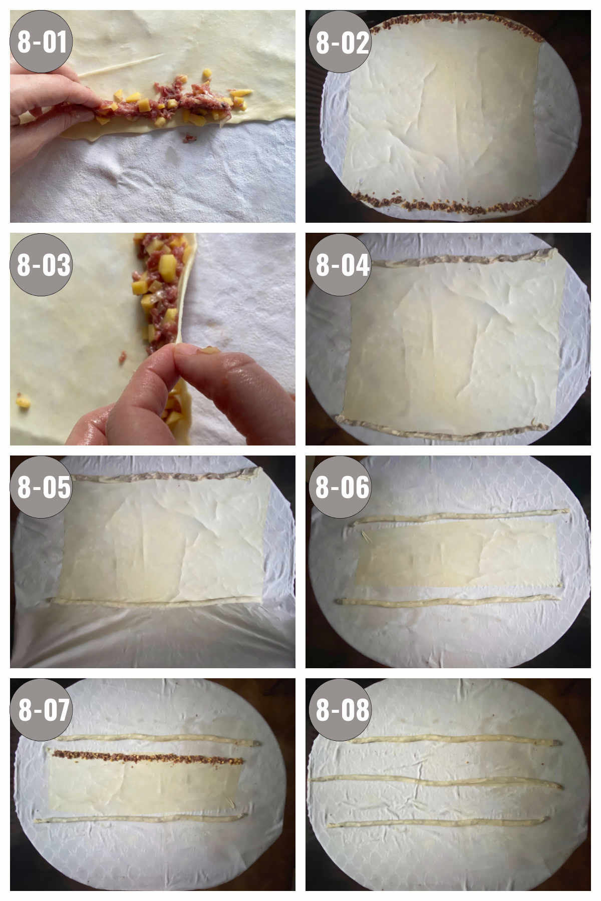Eight photos (two by four) of the dough being stretched in a table and stuffed. 