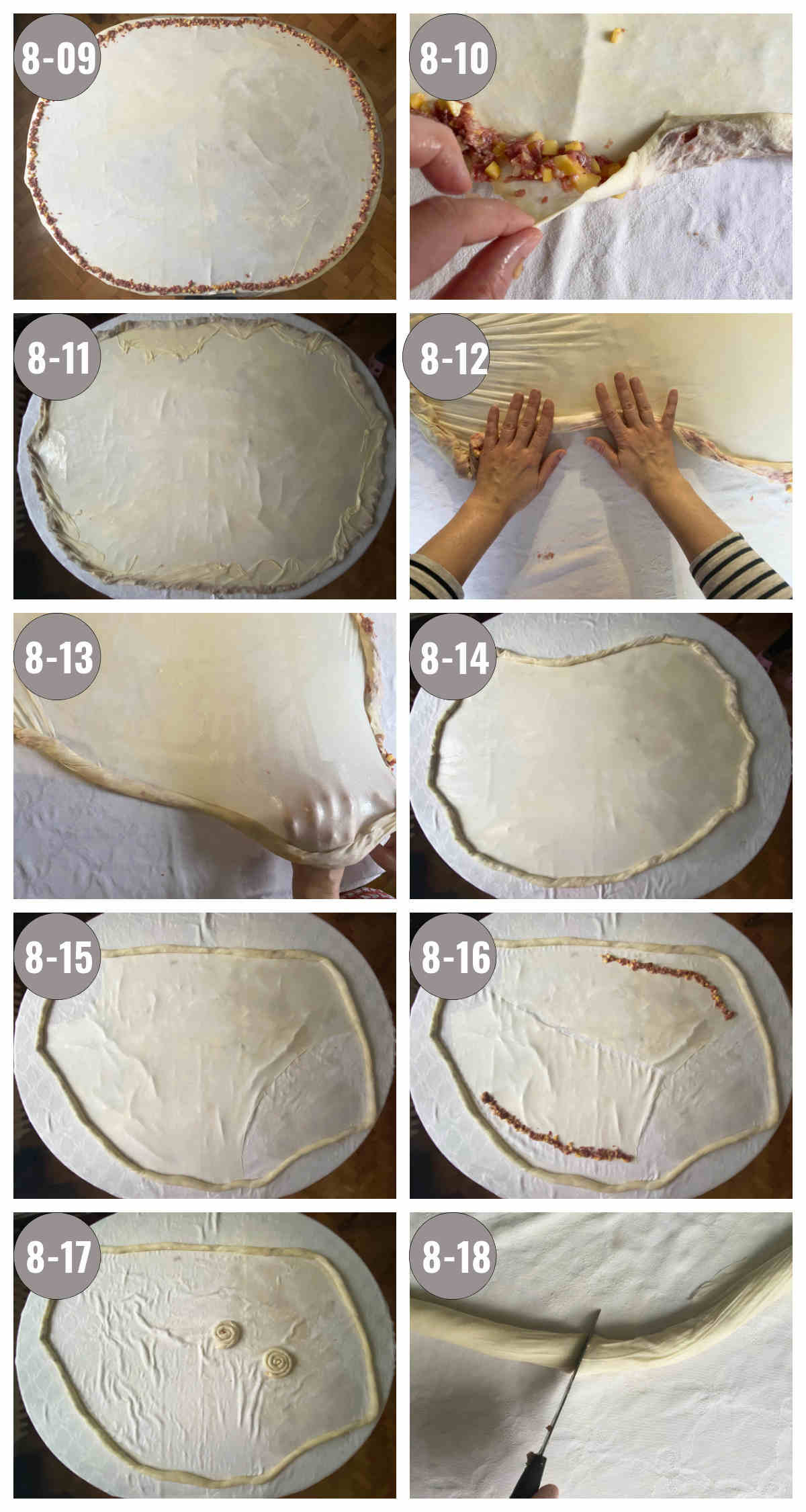 Ten photographs (two by five) of burek being stuffed and rolled on a table covered with cotton cloth. 