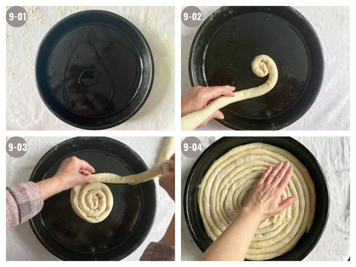 Four photos (two by four) of the burek being stuffed into a black round pan into a spiral on a white background.  