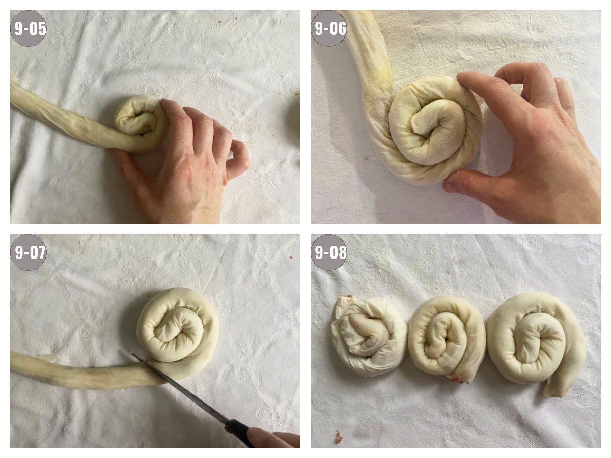 Four photos (two by two) of a hand shaping burek rounds. 
