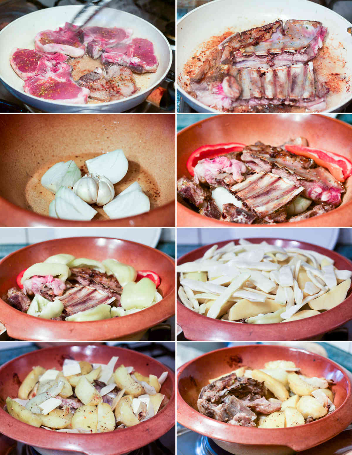 Eight photos, two by two, of ingredients being layered in a clay pot (meat, potatoes, onion, garlic, etc)
