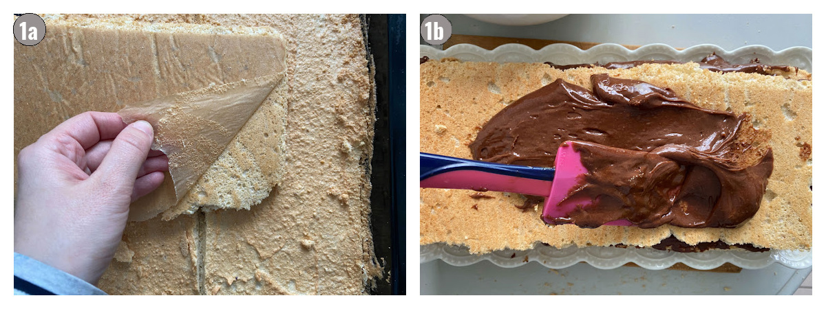 Two photos, side by side, of hand pulling parchment paper from the cake, and spreading filling on the cake. 