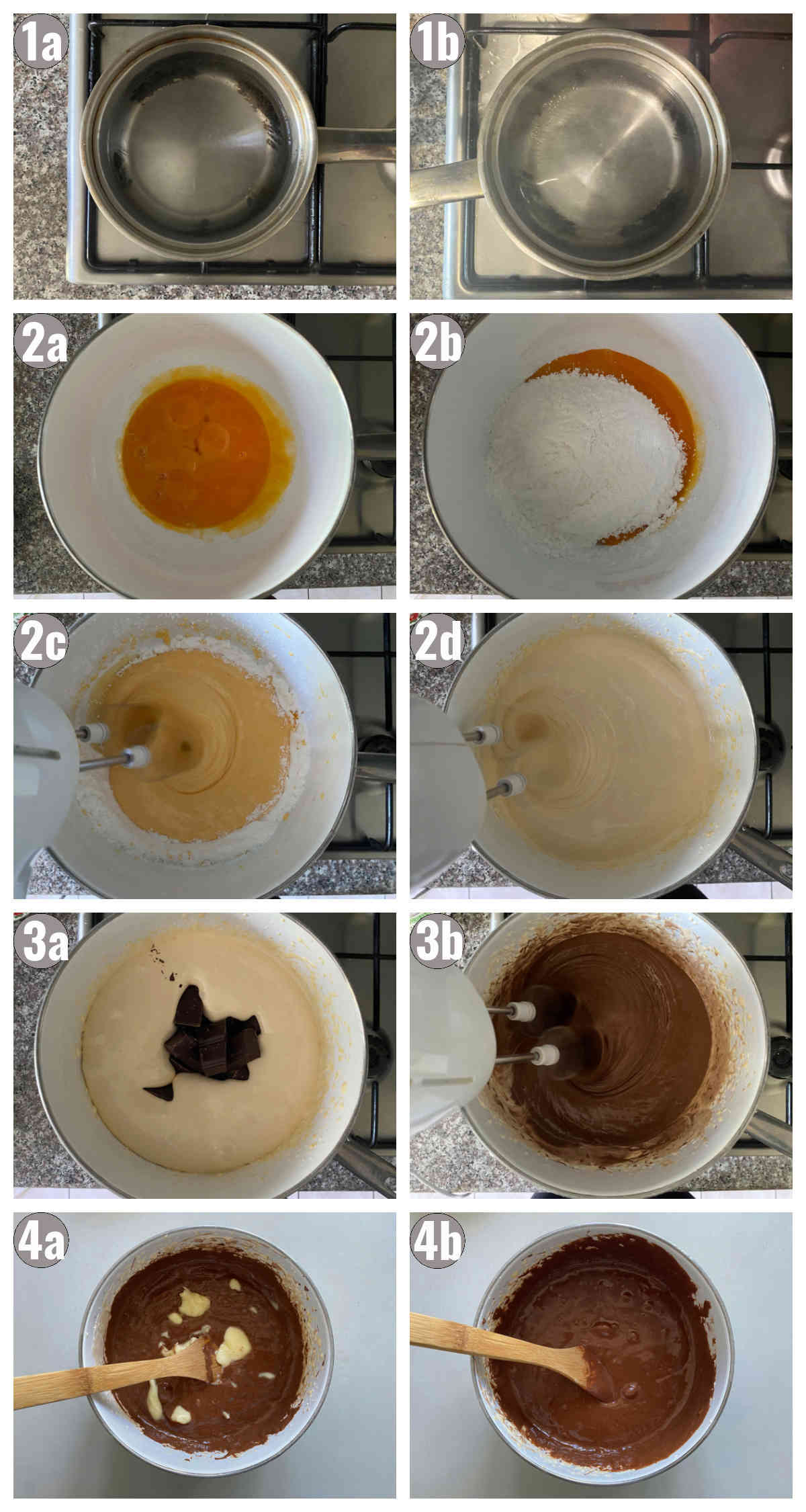 Ten photographs, two by five, of the cake cream being made in a bain marie. First two photos are of water, then a bowl with eggs, confectioner's sugar and mixer. Then a chocolate is added. Then it's removed off the heat and butter is added.