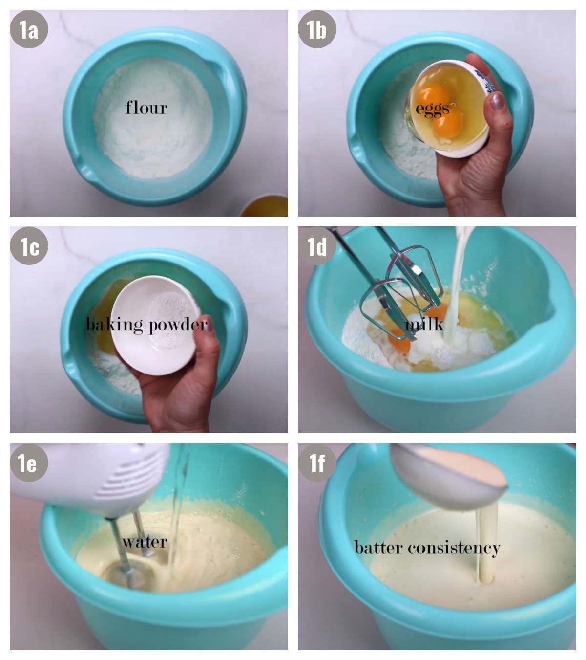 Six photographs, two by three, of crepes being made in a blue bowl. 