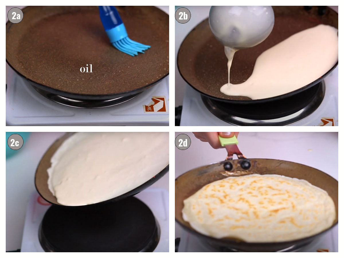 Four photographs, two by two, of a crepe being made in a black pan.