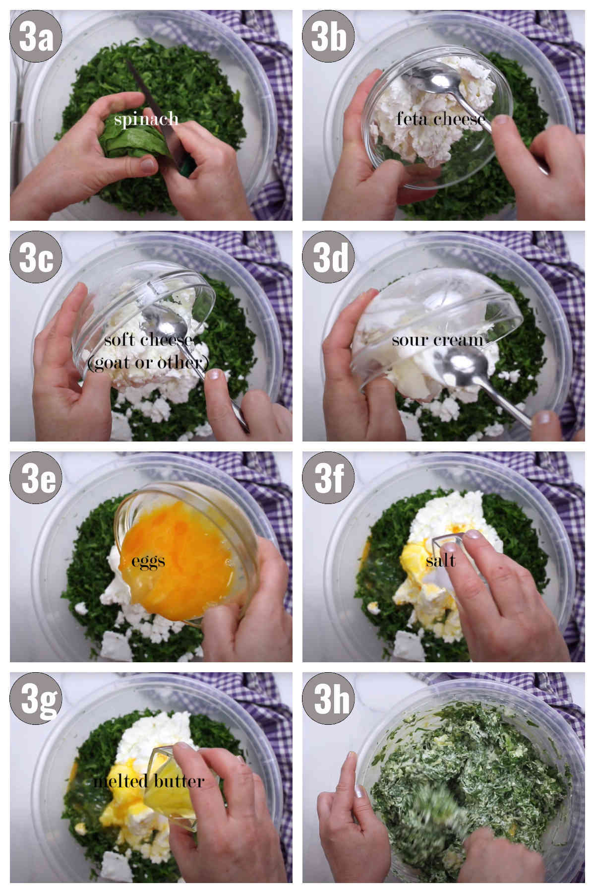 Eight photographs, two by four, of different stuffing ingredients added to a bowl and mixed together.