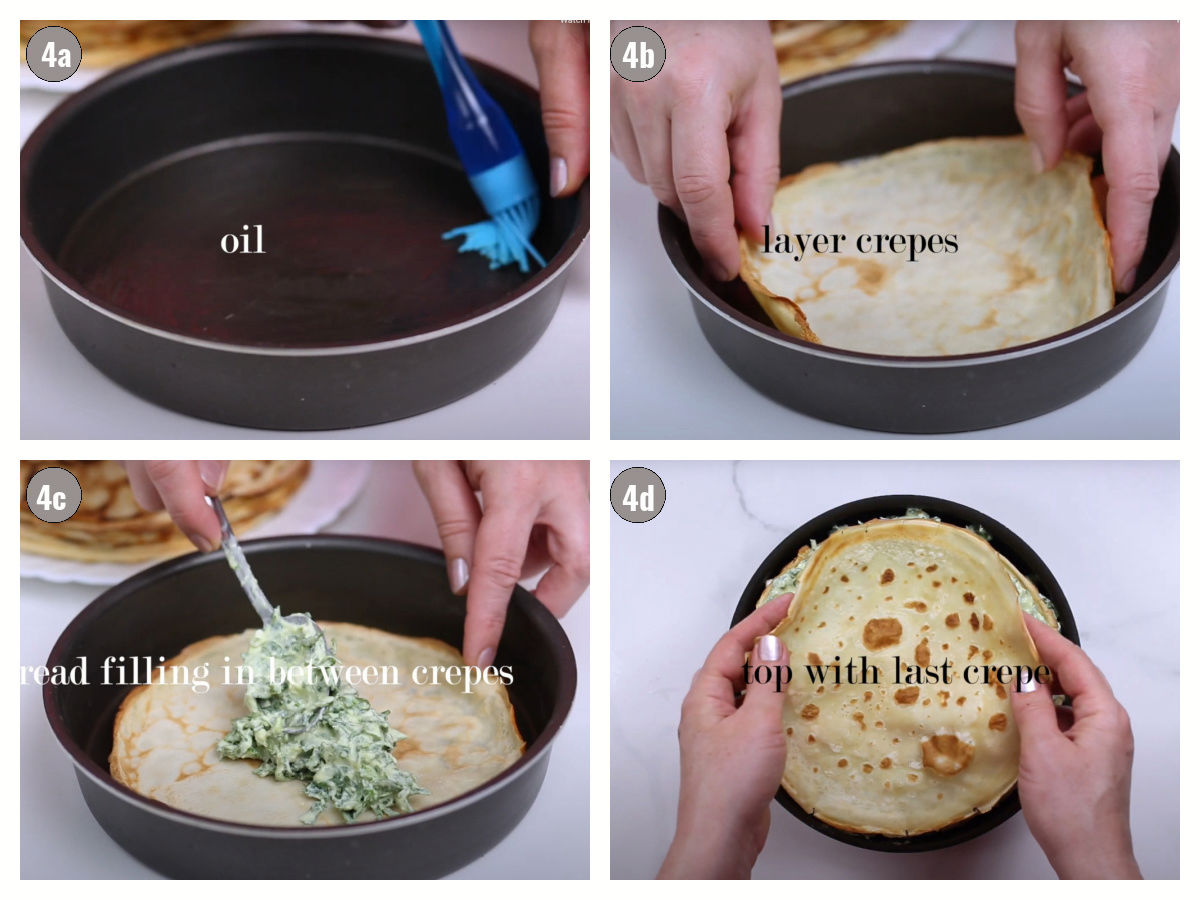 Four photographs, two by two, of crepes layered in a pan, and filled with the filling. 