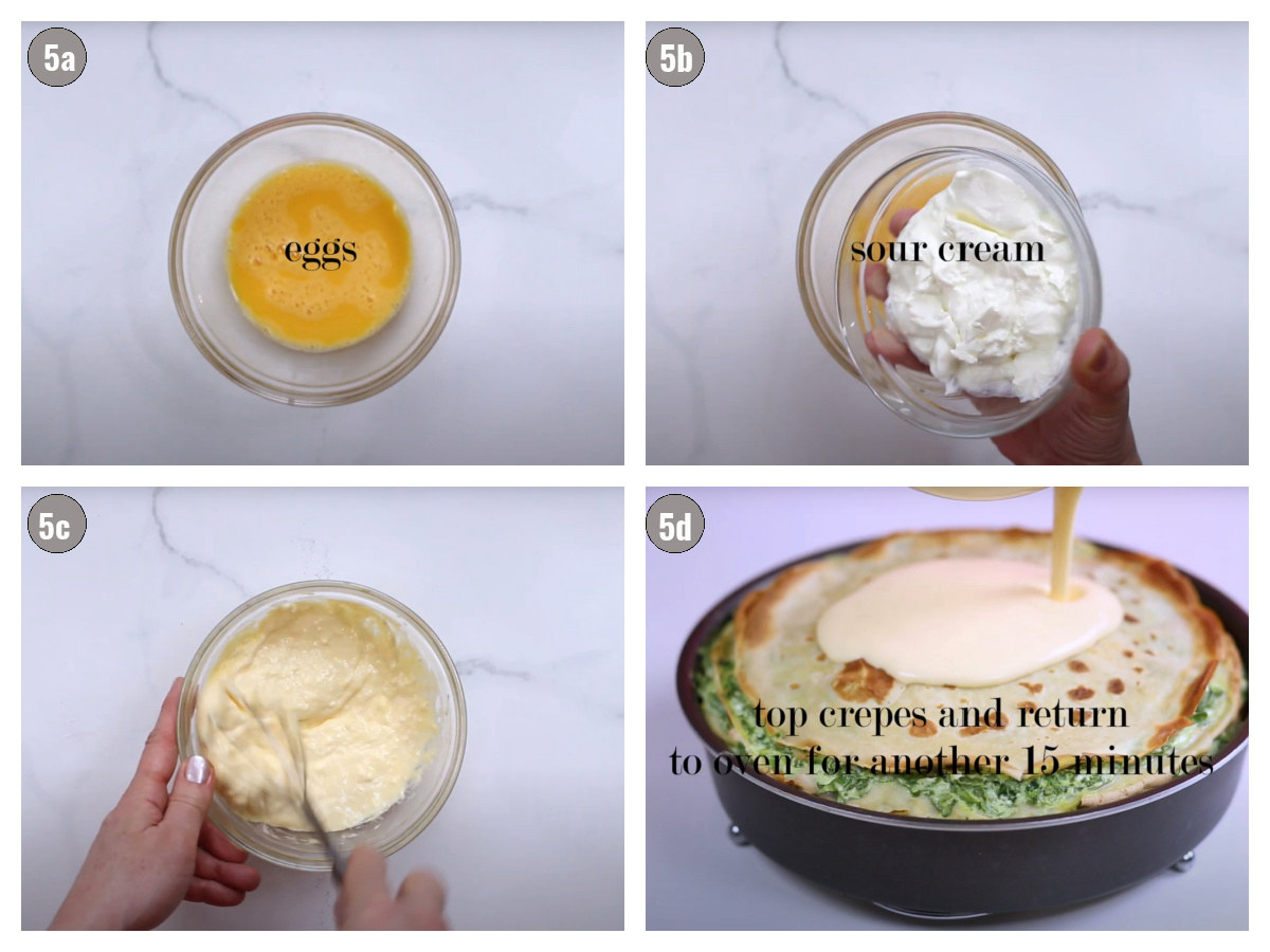 Four photographs, two by two, of topping being made and poured over crepes in the pan.