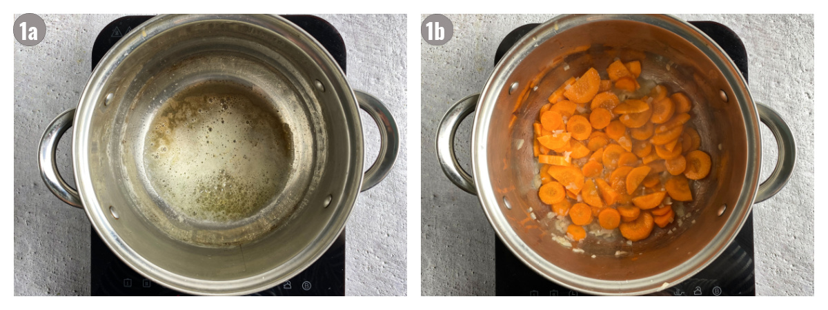 Two photos side by side of a pot cooking soup: one with oil and butter, another with carrots. 