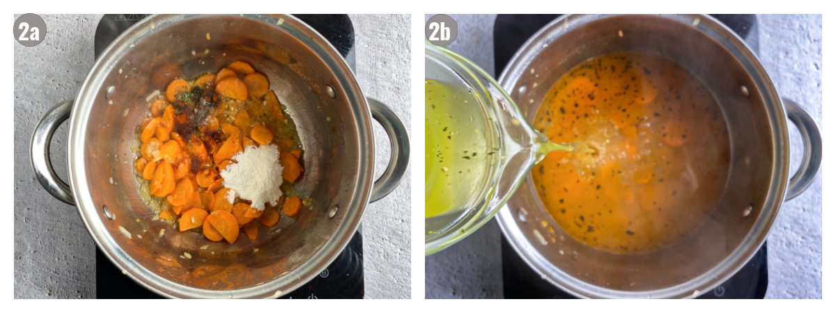 Two photographs, side by side, of a pot with carrots, seasonings and broth.