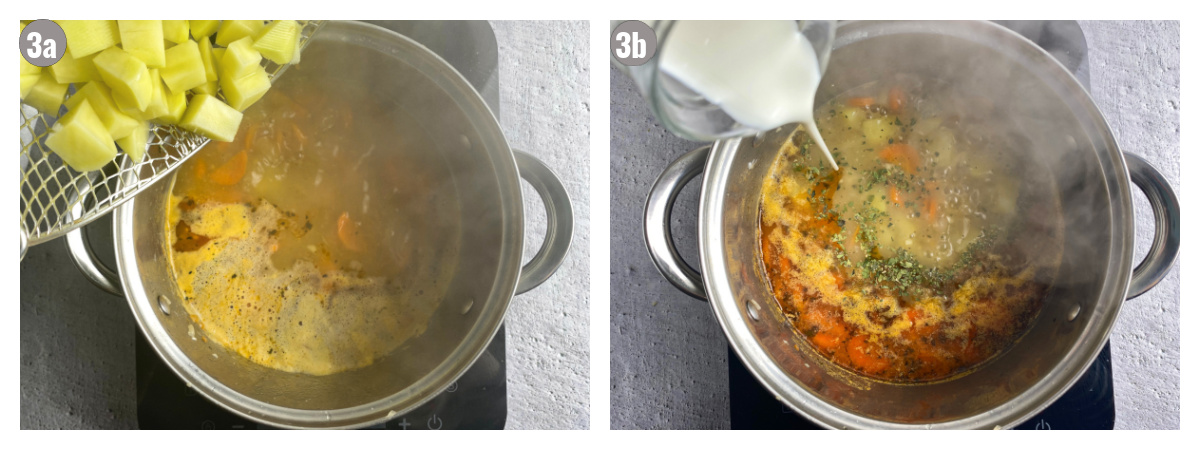 Two photographs, side by side, of potato soup: pot with ingredients.
