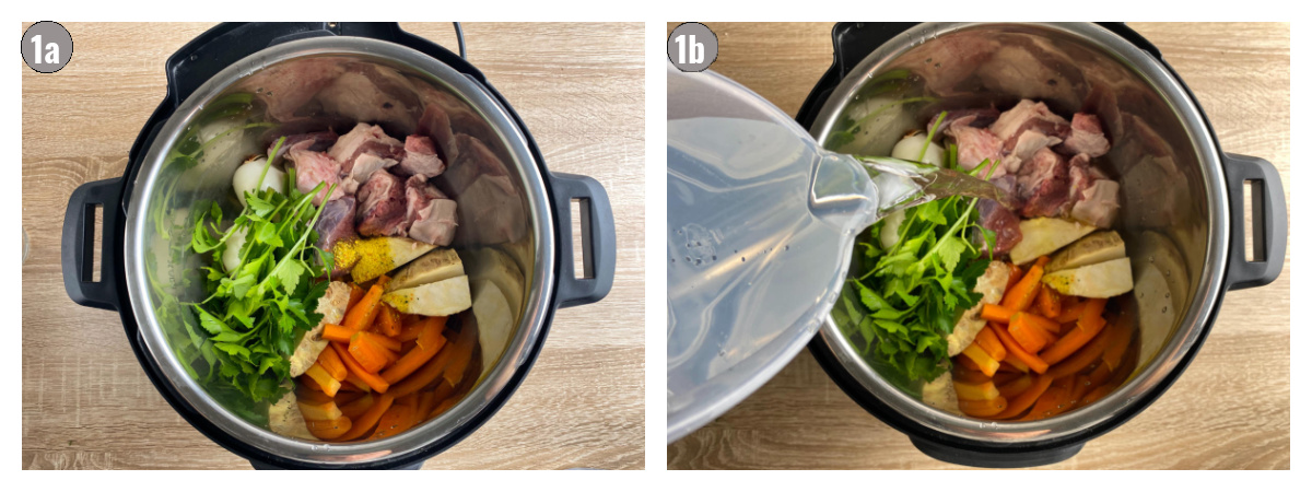 Two photos side by side of soup ingredients in Instant Pot, and water in the second pot. 