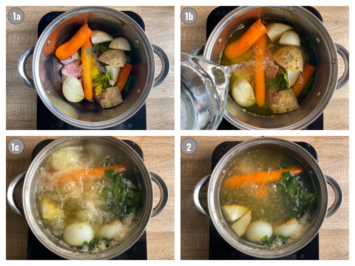 Four photographs side by side of a pot filled with veggies on a table.